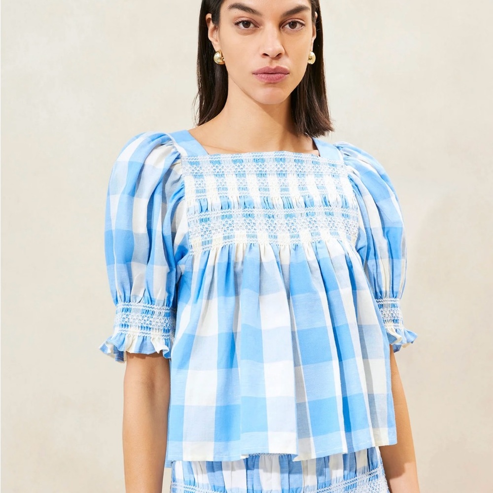 Lydie Blue Gingham Smocked Top